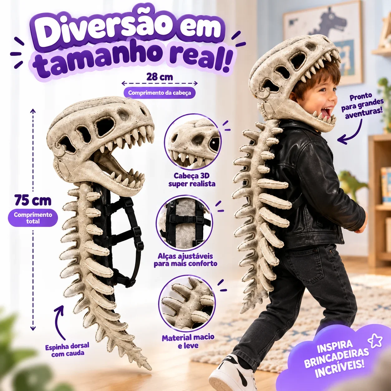 MegaRex™ – Fantasia de Dinossauro | Cabeça 3D + Espinha com Cauda — imagem 5